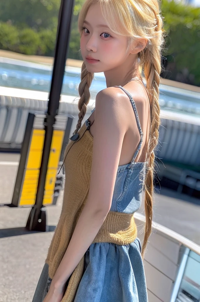 Highest quality, masterpiece, Ultra-high resolution, (photoRealistic), RAW Photos,One girl, skinny,alone, Realistic, View your viewers, Bokeh Background, Outdoor, cloud, Blonde hair braided in twin tails, jewelry, Cowboy Shot, Sundress, arms behind back, bound, from behind,