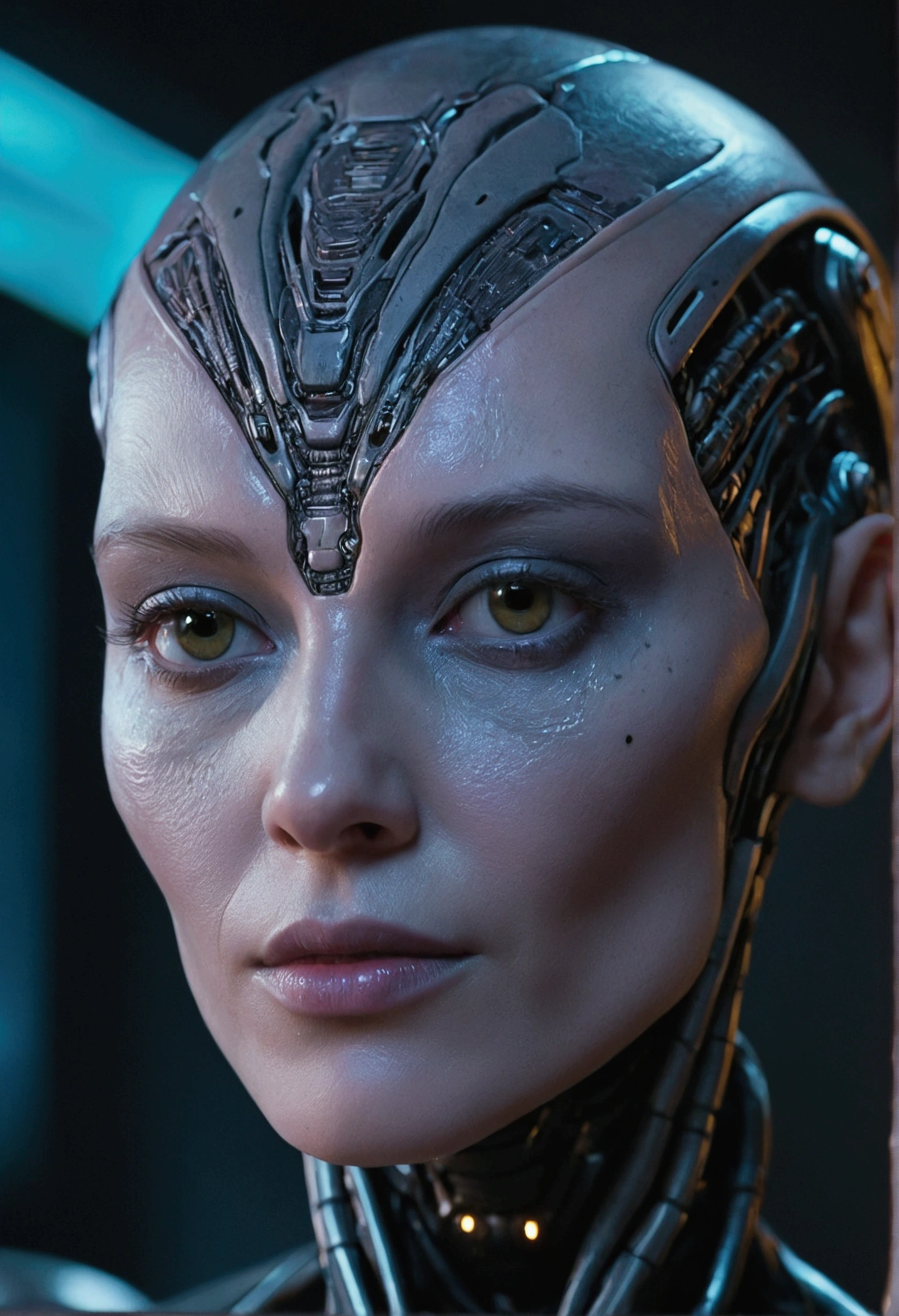 a close up of a person with a woman face skin head from a 2 cyber sci fi 8 k movie, movie still of a alien cyborg, movie still of the alien girl, unreal engine : : rave makeup, cyborg goddess in cosmos, love death + robots, sci - fi film still, ash thorp, vfx film closeup