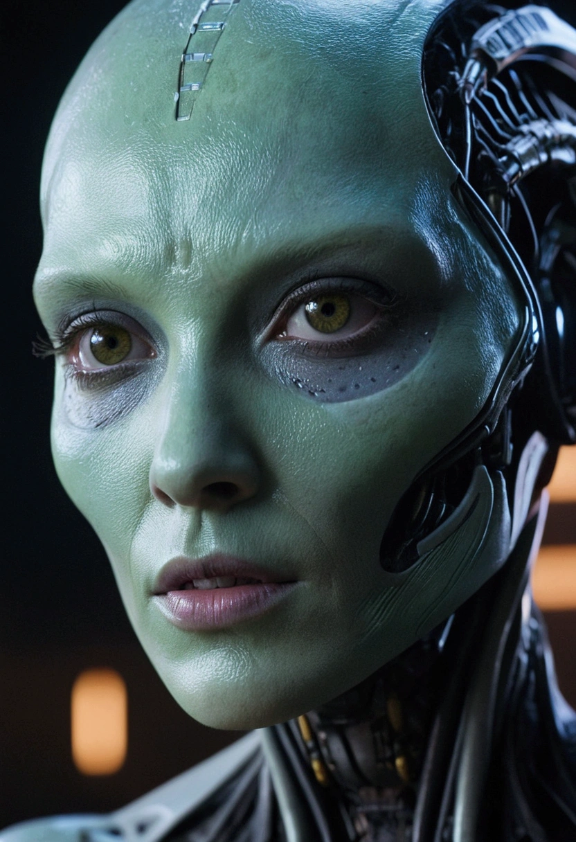 a close up of a person with a woman face skin head from a 2 cyber sci fi 8 k movie, movie still of a alien cyborg, movie still of the alien girl, unreal engine : : rave makeup, cyborg goddess in cosmos, love death + robots, sci - fi film still, ash thorp, vfx film closeup
