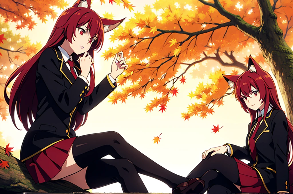 ((beautiful face)),1girl ,20s,mature female,solo,(red hair),long hair,red eyes,fox ears,(autumn leaves,outdoors),serious,necktie,black jacket, blazer,long sleeves,pleated skirt,looking ai view,feet out of frame,falling leaves,parted lips,sitting,holding,hair between eyes,against tree