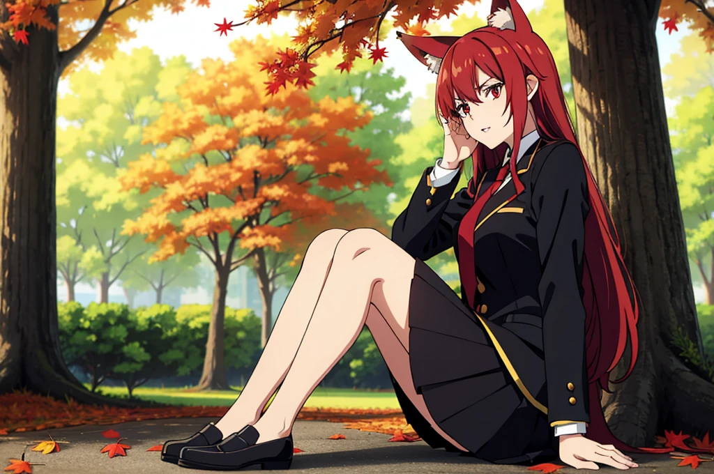 ((beautiful face)),1girl ,20s,mature female,solo,(red hair),long hair,red eyes,fox ears,(autumn leaves,outdoors),serious,necktie,black jacket, blazer,long sleeves,pleated skirt,looking ai view,feet out of frame,falling leaves,parted lips,sitting,holding,hair between eyes,against tree