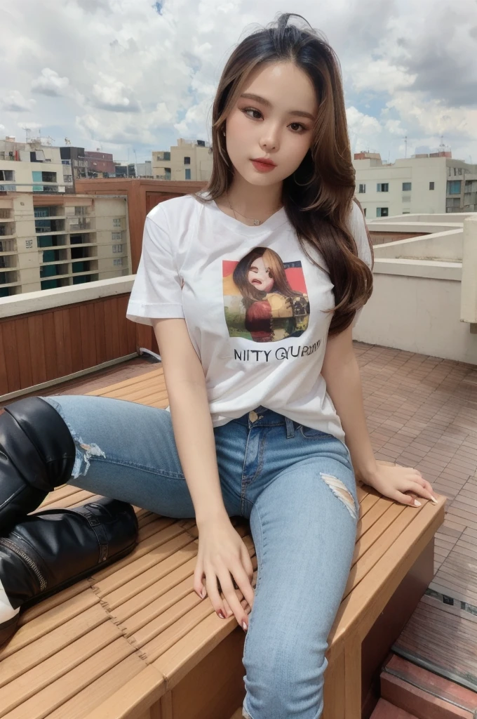 ((Midnight, highest quality, 8k, masterpiece :1.3)), whole body, Long legs, Sharp focus :1.2, Beautiful woman with perfect figure :1.4, Slim Abs :1.1, ((Dark brown hair, small Breasts :1.2)), (White tight T-shirt, shorts Jeans, Are standing:1.2), ((Night city view, rooftop:1.3)), Highly detailed face and skin texture, Fine grain, Double eyelids one girl,highest quality,masterpiece,figure,Very delicate and beautiful,CG,Unity,8k wallpaper,wonderful,In detail,masterpiece,Official Art,Very detailed CG Unity 8k wallpaper,Incredibly absurd,Large file size,Very detailedな,High resolution,Very detailed,Beautiful detailed girl,Realistic,from the front,Outdoor, Knee-high socks, bangs, Black boots