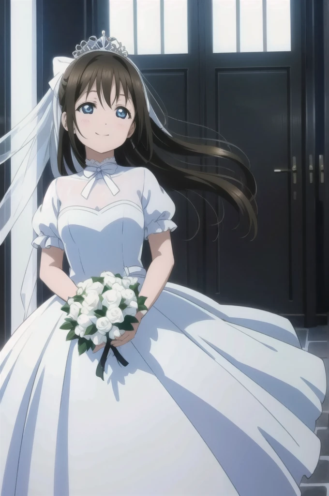 Sakurazaka Shizuku　White Wedding Dress　White big hair ribbon　tiara　White Wedding Dress　Light blue decoration dress　Light blue flower bouquet　Light blue hair accessory　church　smile