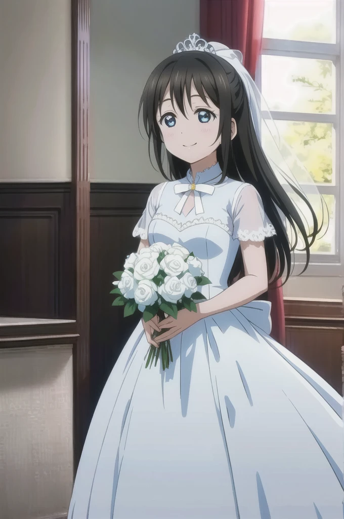 Sakurazaka Shizuku　White Wedding Dress　White big hair ribbon　tiara　White Wedding Dress　Light blue decoration dress　Light blue flower bouquet　Light blue hair accessory　church　smile