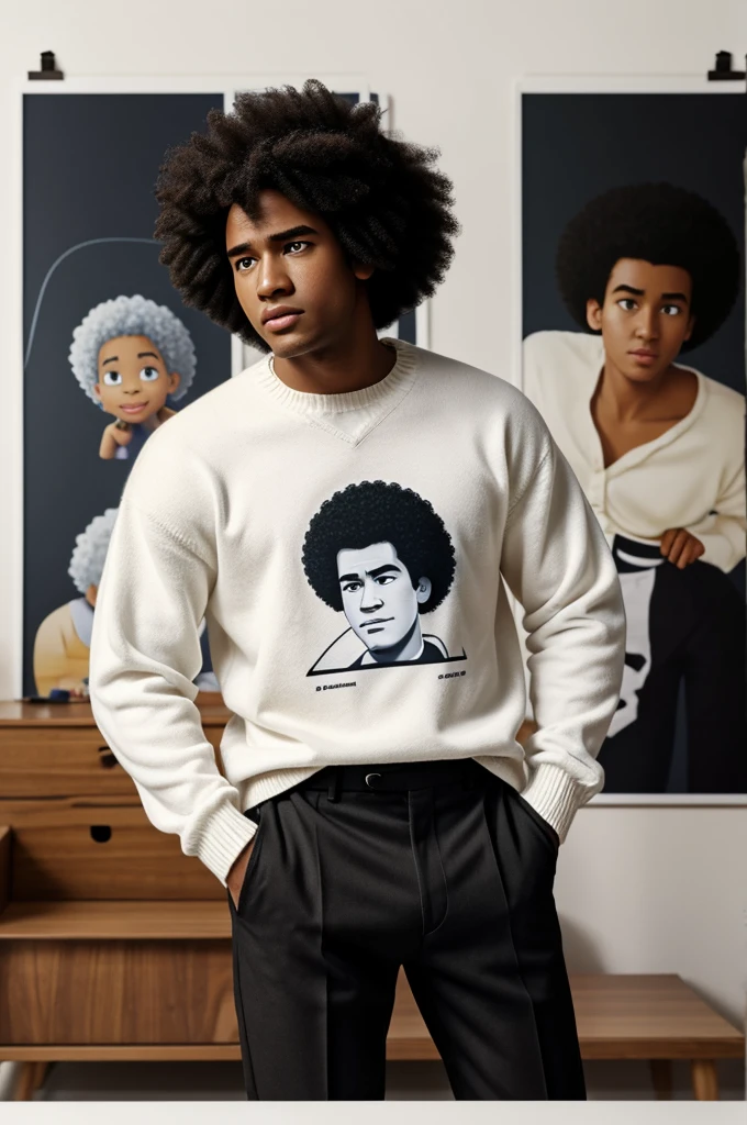 Poster of a Pixar style boy white sweater black pants afro hair dark skin