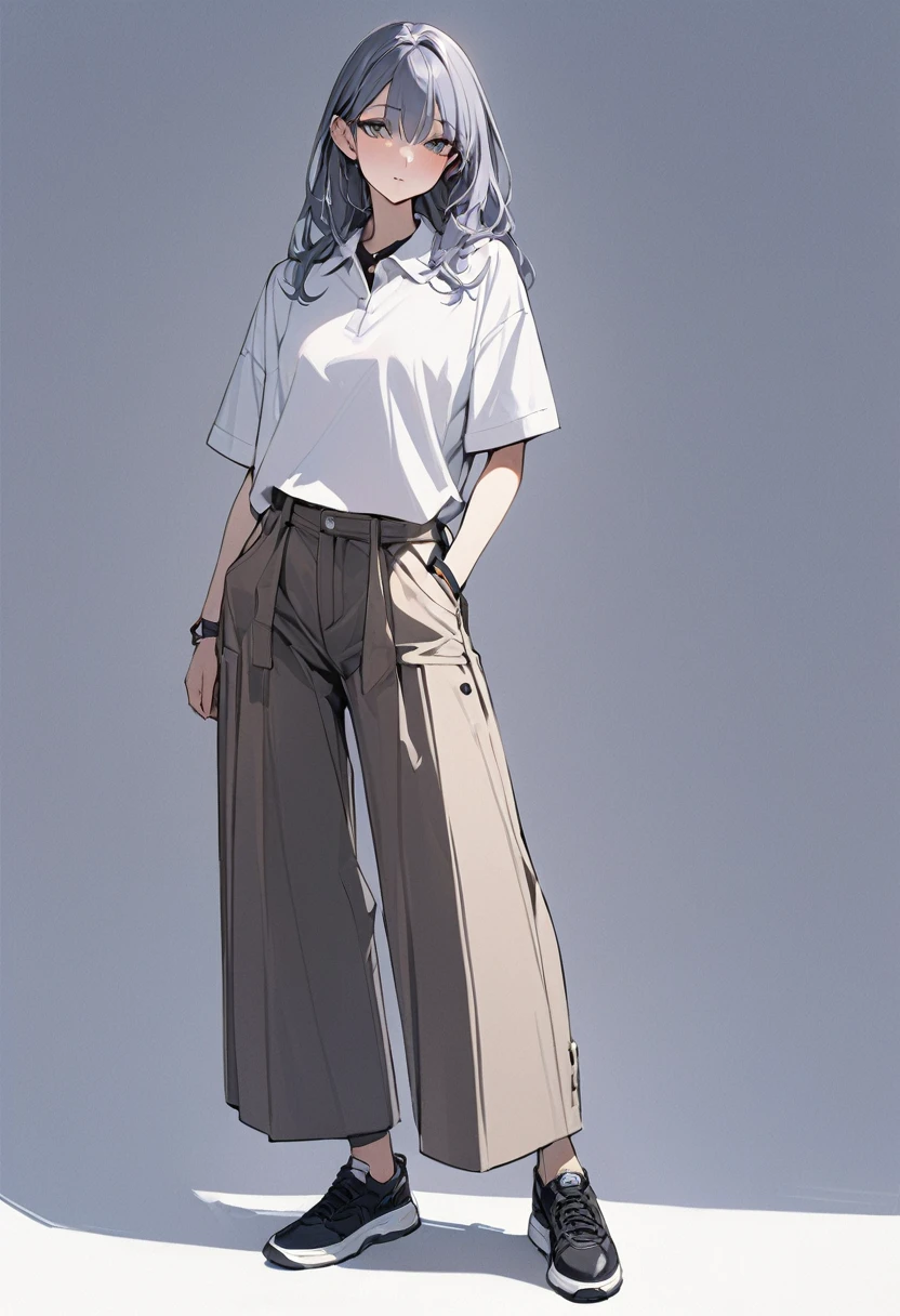 (masterpiece、Highest quality:1.2)、Only one girl、One person、Polo shirt、Layered、Wide-leg trousers、Black sneakers、whole body、Simple Background、