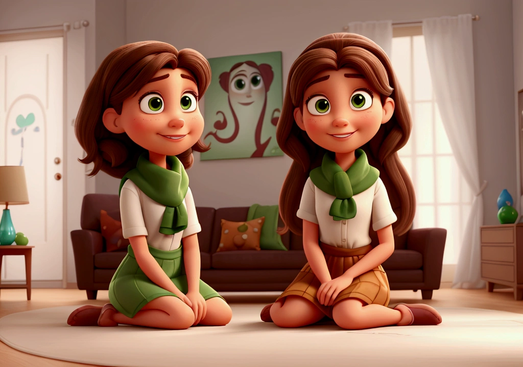 Disney Pixar-style cartoon character with straight brown hair,Brown eyes and white skin, with a broad smile, her head tilted slightly, wearing a long veil that covers her feet, a reddish gray veil, with an emerald green scarf, sitting on a modern light gray sofa, in a modern living room with artistic paintings on its walls,