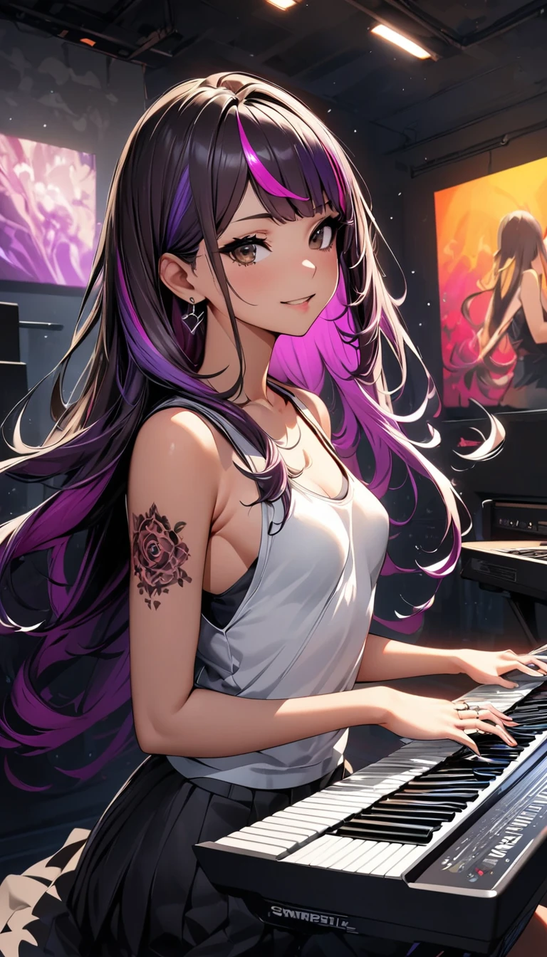 (highest quality:1.2, Very detailed, up to date, Vibrant, Ultra-high resolution, High Contrast, masterpiece:1.2, highest quality, Best aesthetics), Portraiture、girl、keyboard player、stage、performance、Rock Music、Bright colors、Beautiful fine details、Beautiful lip detail、long hair、black and purple ((streaked hair:1.6)), highlights hair: 1.5, brown eyes, slim body, (small breast:0.7), Music band、standing in keyboards booth, playing keyboards、(raise left hand high:1.5), Concert Light、Edgy Style、(colorful Cheongsam:1.2), (no sleeve:1), Dynamic Movement、hypnotic sounds、Stadium、amplifier、Loud music、(playing keyboards:1.6), (Floral Fineline tattoo design on left arm:1), Passionate performance、Sparkling stage、Concert atmosphere、Music Festival、Full of emotion、Rock star attitude、Resolute expression、Avid Fan、The presence of an attractive stage、 Expressive gestures、Rock star aura、An exciting atmosphere、An unforgettable show, closs earing, (full body:1.2)