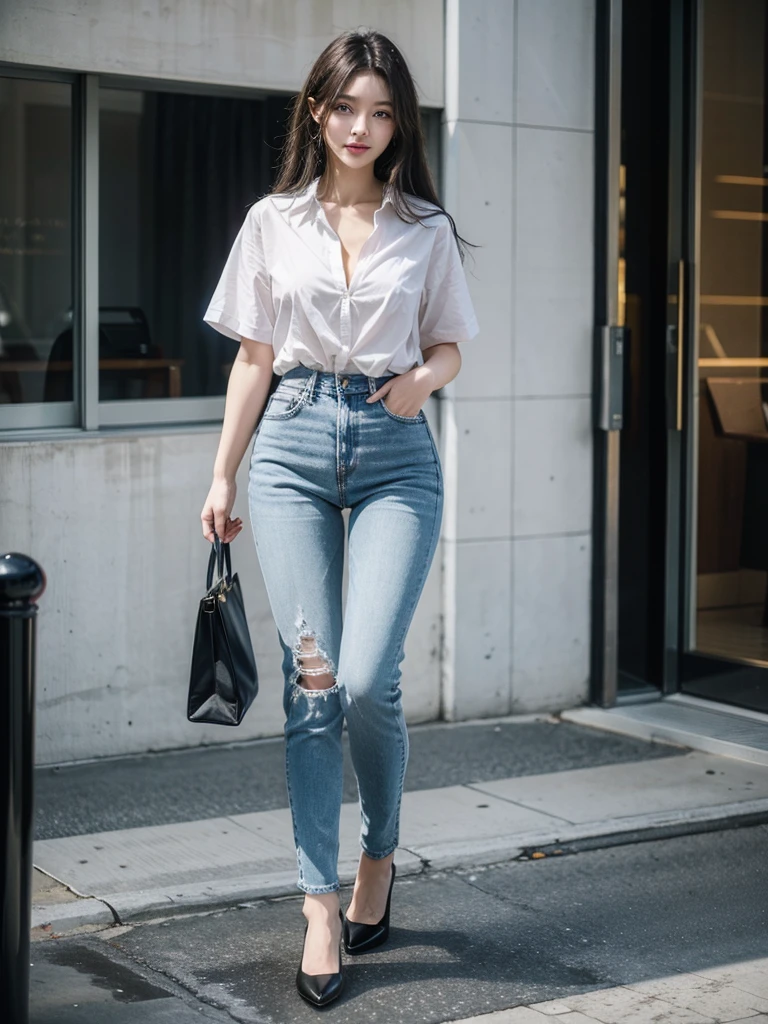 (((Full body image of a woman))), Instagram Model . Full body portrait of a fashion model, Glamour, Long black wavy hair, (((Bright Blue Eyes))), Mischievous Smile, Very detailed顔, Very fine grain. Large chest. ((Low rise jeans that fit snugly against the skin)),((White cotton shirt, unbuttoned to show chestの谷間)), Mid height heels, ((Handbags)). shopping, chest, chestの谷間, 8K, high quality, masterpiece, 最high quality, High resolution, Very detailed, Volumetric lighting, Realistic