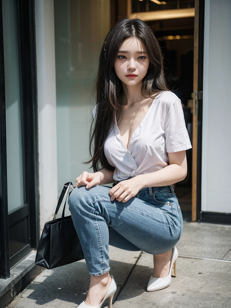 (((Full body image of a woman))), Instagram Model . Full body portrait of a fashion model, Glamour, Long black wavy hair, (((Bright Blue Eyes))), Mischievous Smile, Very detailed顔, Very fine grain. Large chest. ((Low rise jeans that fit snugly against the skin)),((White cotton shirt, unbuttoned to show chestの谷間)), Mid height heels, ((Handbags)). shopping, chest, chestの谷間, 8K, high quality, masterpiece, 最high quality, High resolution, Very detailed, Volumetric lighting, Realistic