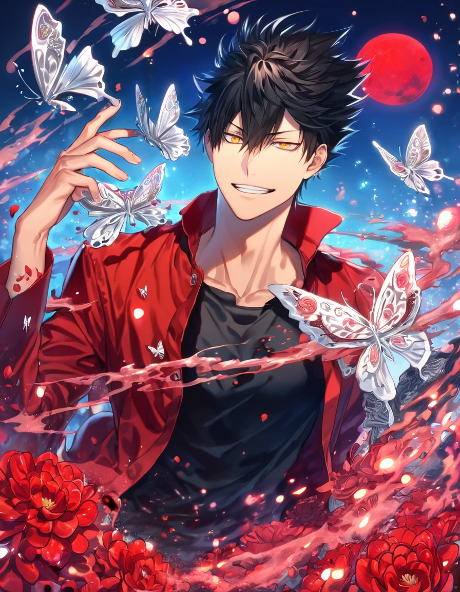 absurdres, highres, ultra detailed, HDR, master piece, extremely detailed, Kuroo Tetsurou, black hair, expressive yellow eyes, Haikyuu!, sexy man, handsome, best quality, red moon, red flowers, fantasy, magical, solo, red water, red shining fireflies, red petals, handsome smile, silver small butterflies, red dust, red jacket, black tight shirt