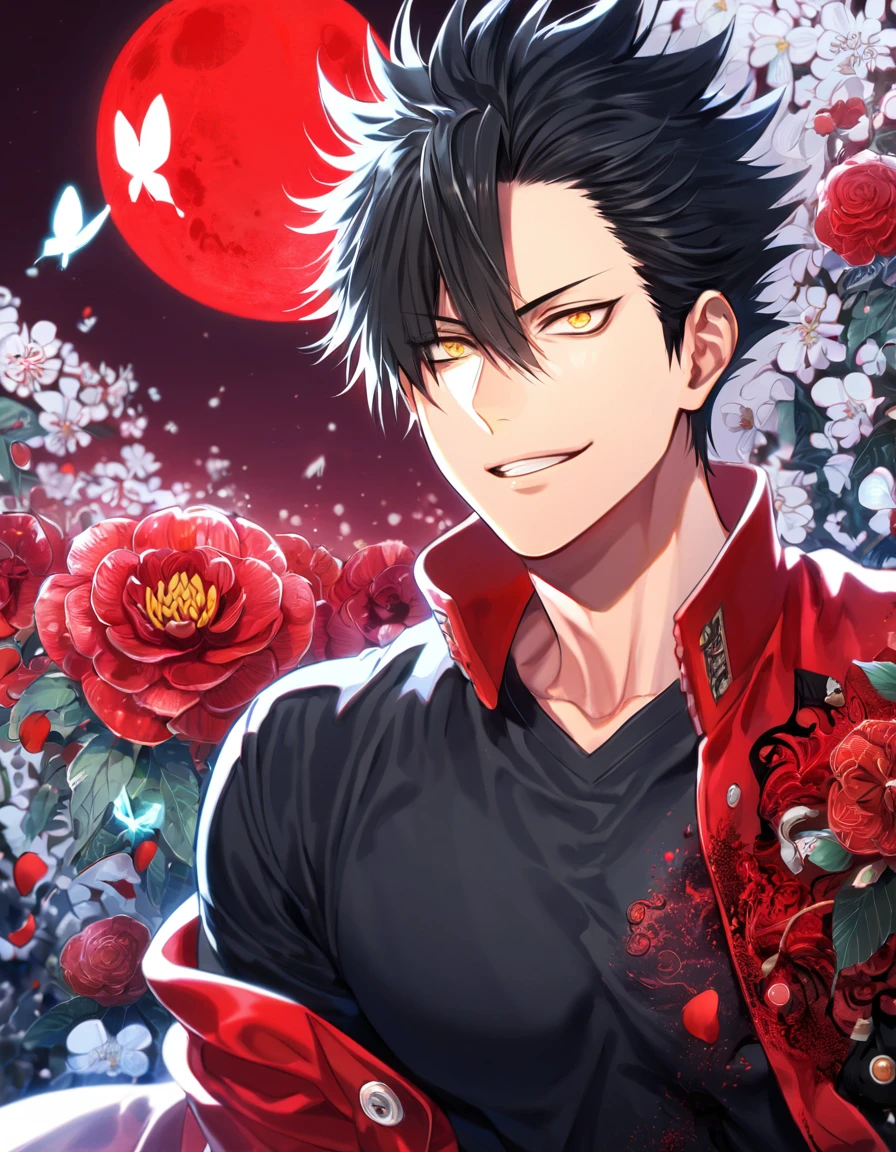 absurdres, highres, ultra detailed, HDR, master piece, extremely detailed, Kuroo Tetsurou, black hair, expressive yellow eyes, Haikyuu!, sexy man, handsome, best quality, red moon, red flowers, fantasy, magical, solo, red water, red shining fireflies, red petals, handsome smile, silver small butterflies, red dust, red jacket, black tight shirt