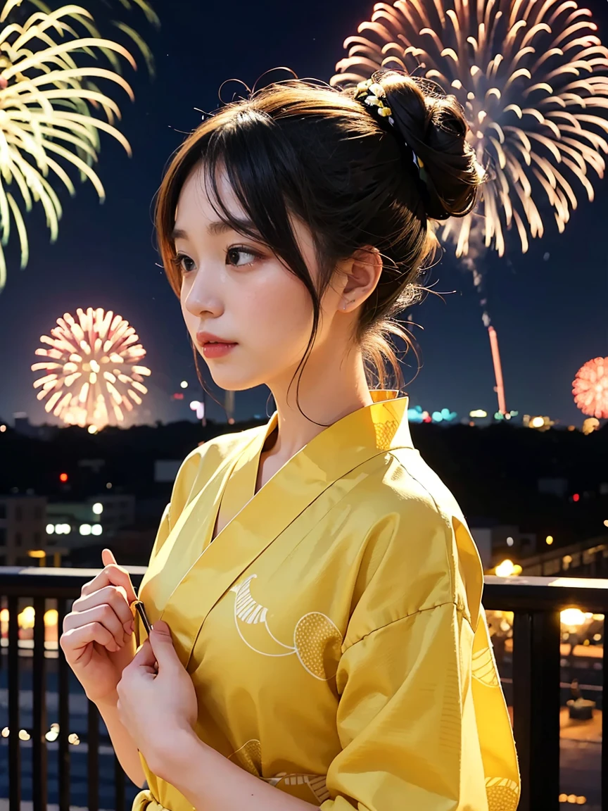 2Two bun hair。A yukata with a yellow arabesque pattern on a blue fabric。Fireworks display。
