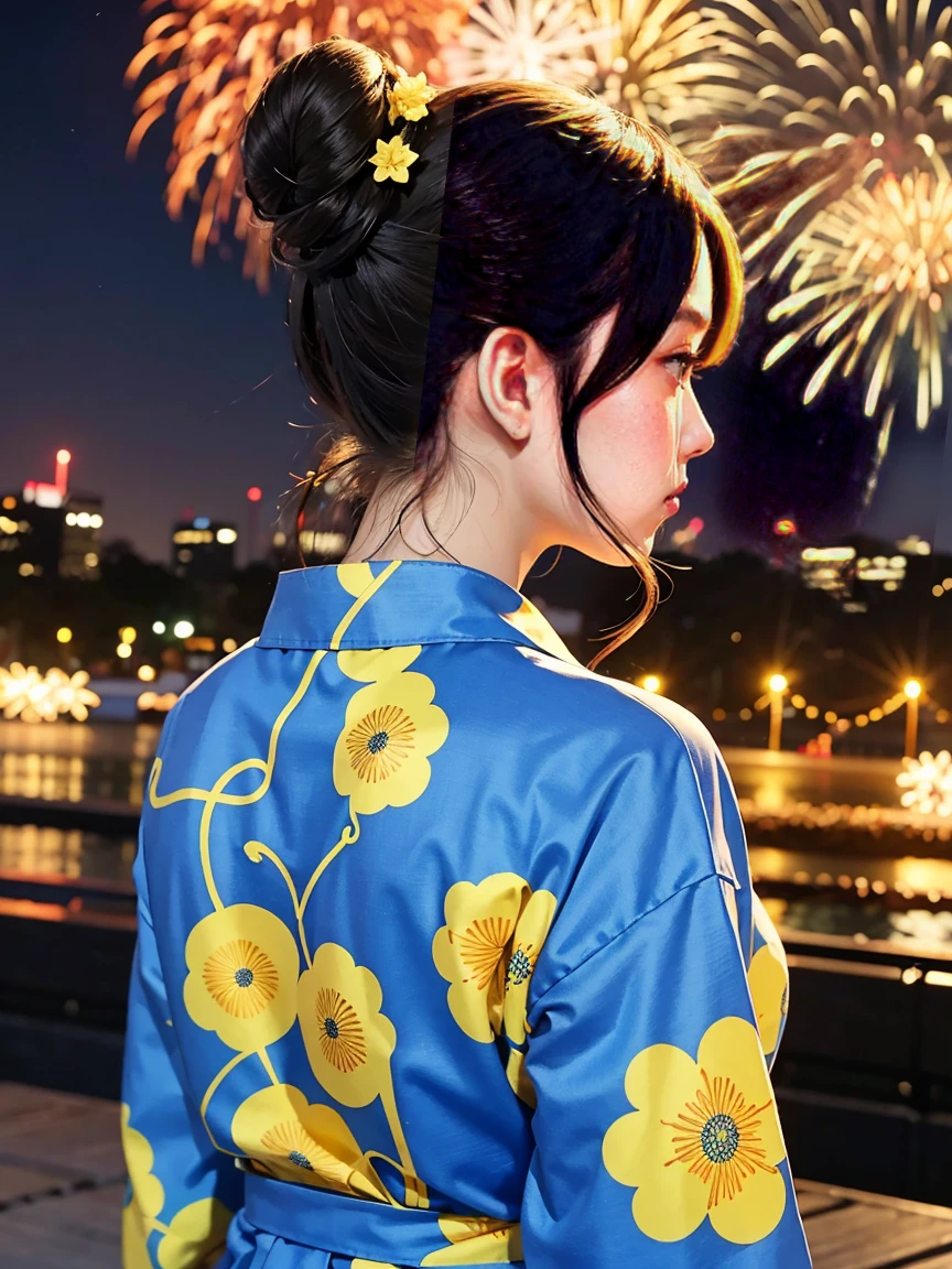 2Two bun hair。A yukata with a yellow arabesque pattern on a blue fabric。Fireworks display。