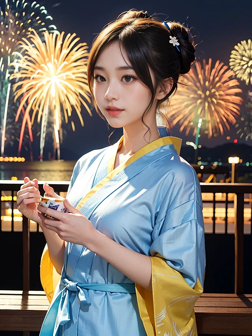 ２Two bun hair。A yukata with a yellow arabesque pattern on a blue fabric。Fireworks display。