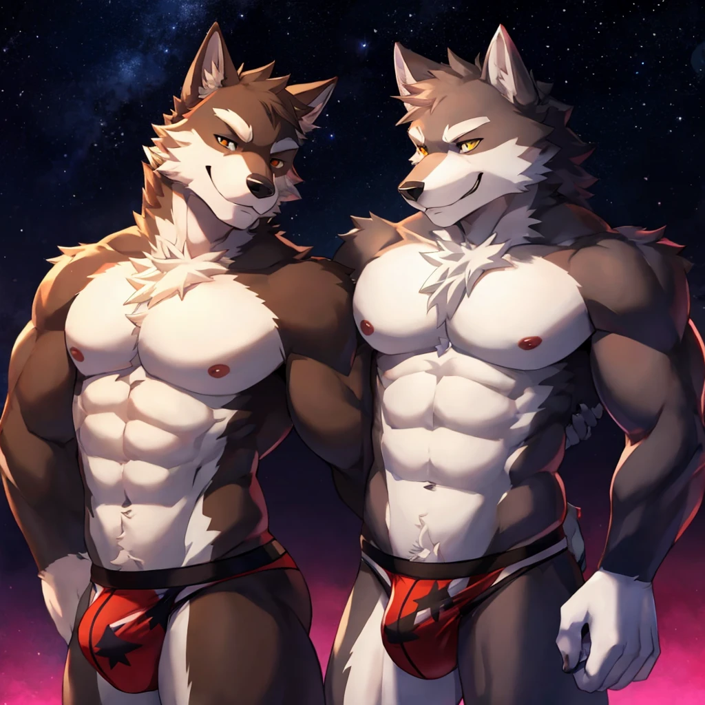 male wolf, smirk, shirtless, jockstrap, night background, starry sky,