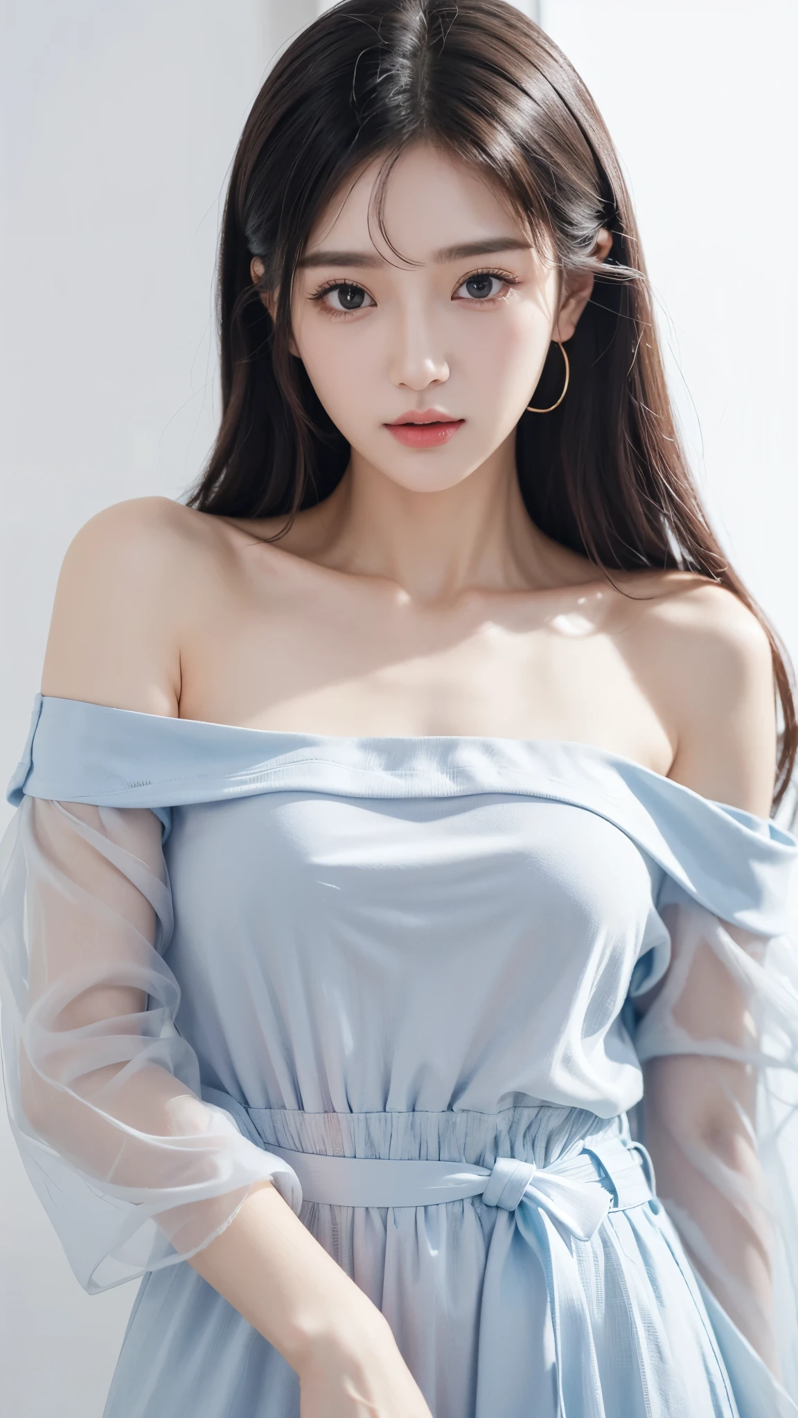 Fashion trendy beautiful and charming woman, gentle and charming Chinese beautiful woman, Korean(kpop-idol), delicate and y collarbone, charming oval face, double eyelids, smart peach blossom eyes, pink lips, small nose, bare shoulders, focus on the face, close-up of the face, Ultra-high-definition, super-detailed, the ((loose)), white off-the-shoulder shirt perfectly echoes the light blue high slit miniskirt, fresh and impressive, Natural(medium bre25), (nsfw:1.2)