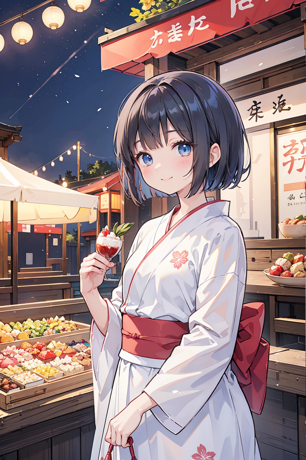 Photorealistic、Highest quality、Highest Resolution、Highest quality、８Ｋ、1人のBeautiful woman、Beautiful woman、Beautiful woman、cute、Bob Cut Hair、Dark Hair Color、Light blue eyes、Floral red yukata、cute赤い浴衣、Summer festival、noon、morning、cloudy、Lots of food stalls、looks fun、smile、