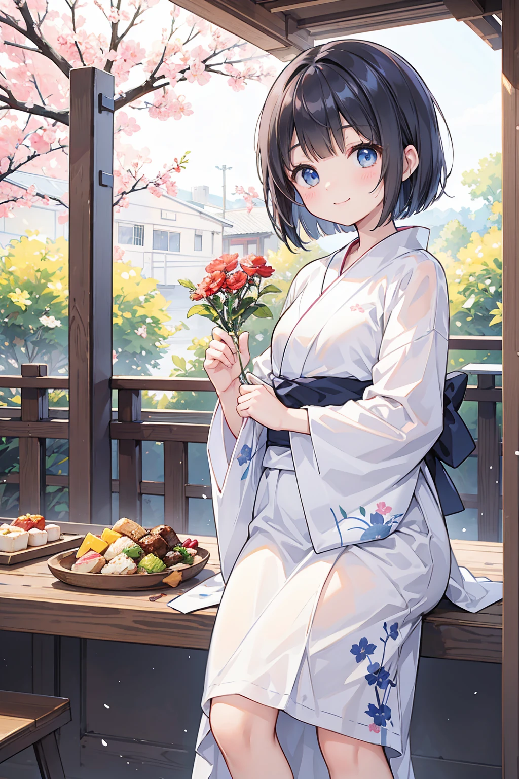 Photorealistic、Highest quality、Highest Resolution、Highest quality、８Ｋ、1人のBeautiful woman、Beautiful woman、Beautiful woman、cute、Bob Cut Hair、Dark Hair Color、Light blue eyes、Floral red yukata、cute赤い浴衣、Summer festival、noon、morning、cloudy、Lots of food stalls、looks fun、smile、