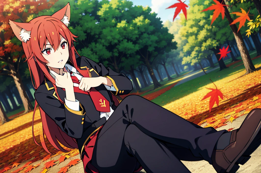 ((beautiful face)),1girl ,20s,mature female,solo,(red hair),long hair,red eyes,fox ears,(autumn leaves,outdoors),serious,necktie,black jacket, blazer,long sleeves,pleated skirt,looking ai view,feet out of frame,falling leaves,parted lips,sitting,holding,hair between eyes,against tree