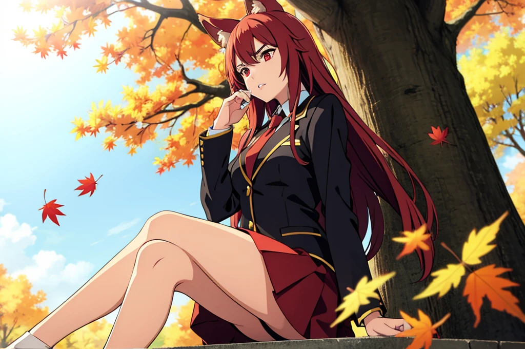 ((beautiful face)),1girl ,20s,mature female,solo,(red hair),long hair,red eyes,fox ears,(autumn leaves,outdoors),serious,necktie,black jacket, blazer,long sleeves,pleated skirt,looking ai view,feet out of frame,falling leaves,parted lips,sitting,holding,hair between eyes,against tree