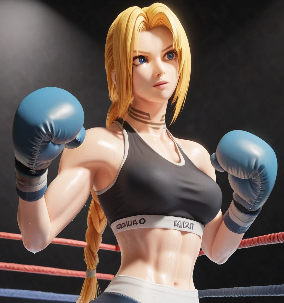 score_9, score_8_up, score_7_up, score_6_up, Detailed Background, BREAK
 koasmirage, 1girl, long hair, sports bra, klausian neck markings, sweating,blonde hair, blue eyes, single braid,BREAK
boxing ring, boxing gloves, mma,