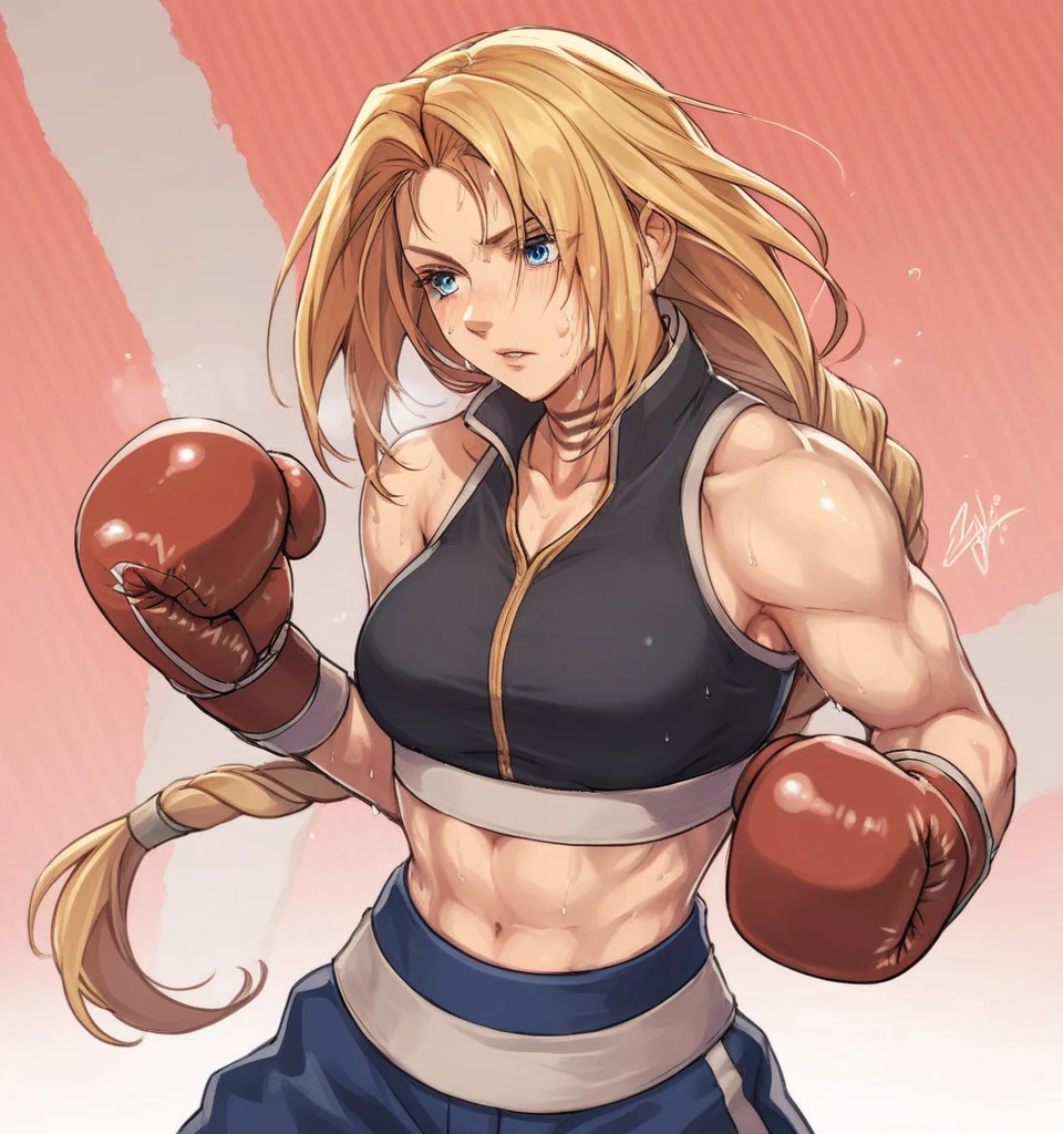 score_9, score_8_up, score_7_up, score_6_up, Detailed Background, BREAK
 koasmirage, 1girl, long hair, sports bra, klausian neck markings, sweating,blonde hair, blue eyes, single braid,BREAK
boxing ring, boxing gloves, mma,