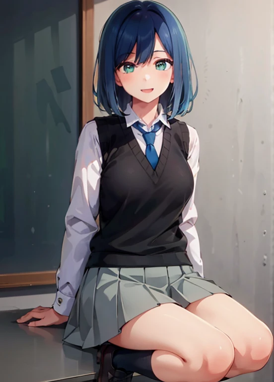 Akabane Kurokawa, 1 girl, Blue hair, Green eyes, Bangs, , Short hair, Skirt, sox, Athletic Shoes, white footwear, Black socks, Pleated skirt, knee high socks, White shirt, blue necktie, Long sleeves, vests, Collared shirt, plein air, urbane, (Upper body), Sitting cross-legged, Laughing together.
(Best Quality, 4K, 8K, hight resolution, masutepiece:1.2), Ultra-detailed, (Realistic, Photorealistic, Photorealsitic:1.37), nffsw, nffsw, Studio Lighting, Ultra-fine painting, Sharp Focus, Physically-based rendering, extreme detail description, Professional, Vivid colors, Bokeh, Portraits , (bare breasts:1.4) , (naked:1.5)