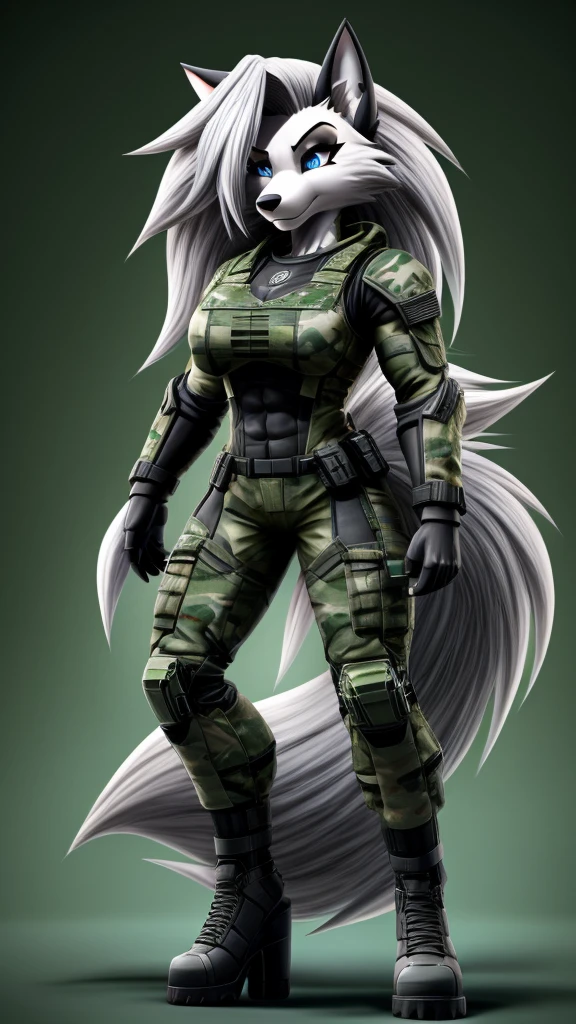 Loona from Helluva Boss, female wolf, anthro, white hair, blue eyes, mature adult, tall, muscular, tomboy, massive female, full green camo military combat armor suit, standing, solo, beautiful, high quality, clear background, 4K