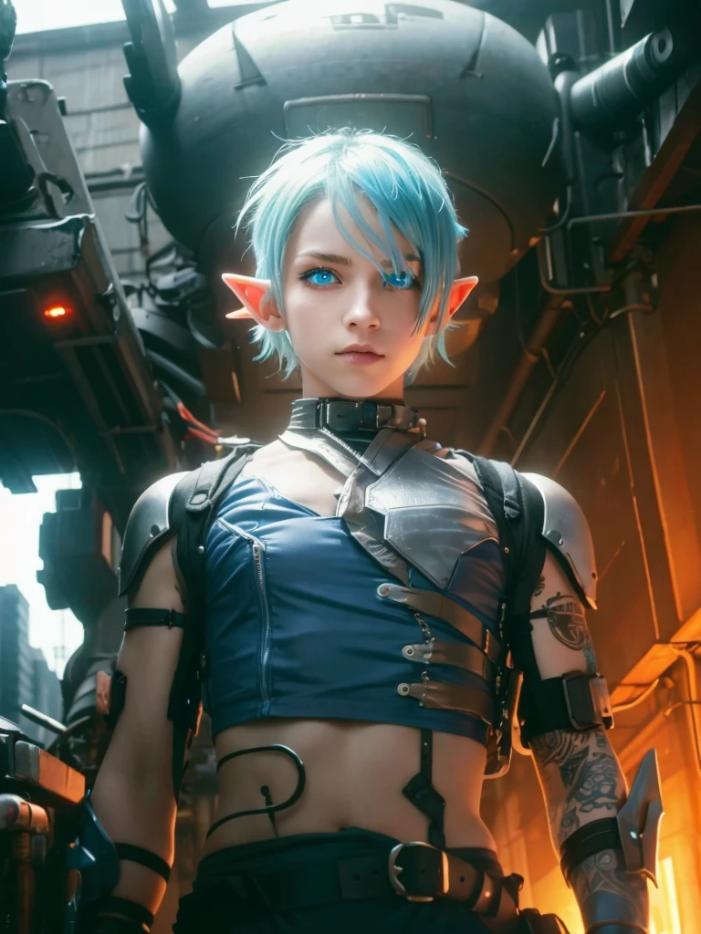 Femboy, cyberpunk style, blue hair, blue eyes, 1boy, elf ears, without , six pack abs, cute face, naked