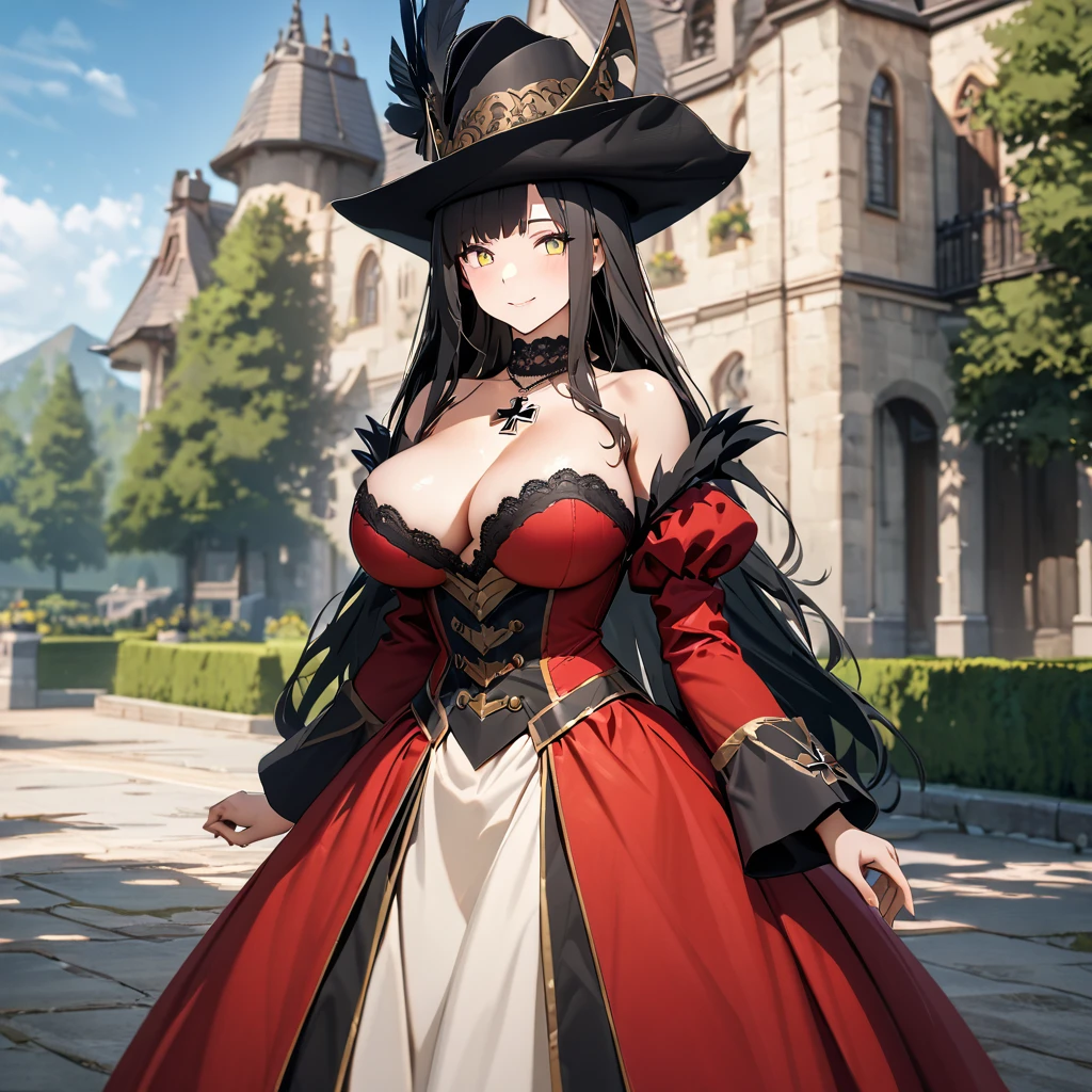 A woman wearing a European madame dress from the middle ages, long-sleeved red dress, black details on the clothes, iron cross necklace on her neck, wearing a long madame hat, hat with black feather, long black hair, bangs on the eyes, yellow eyes, smiling, big breasts, outside a mansion, standing on a concrete sidewalk, wide view of lawn with some trees, blue sky with some clouds, smiling, European aesthetic from the 1700s,(solo woman) ,UHD , prime work , accurate , anatomically correct , textured skin , super details , high quality , best quality, 8k, high resolution, bokeh effect.