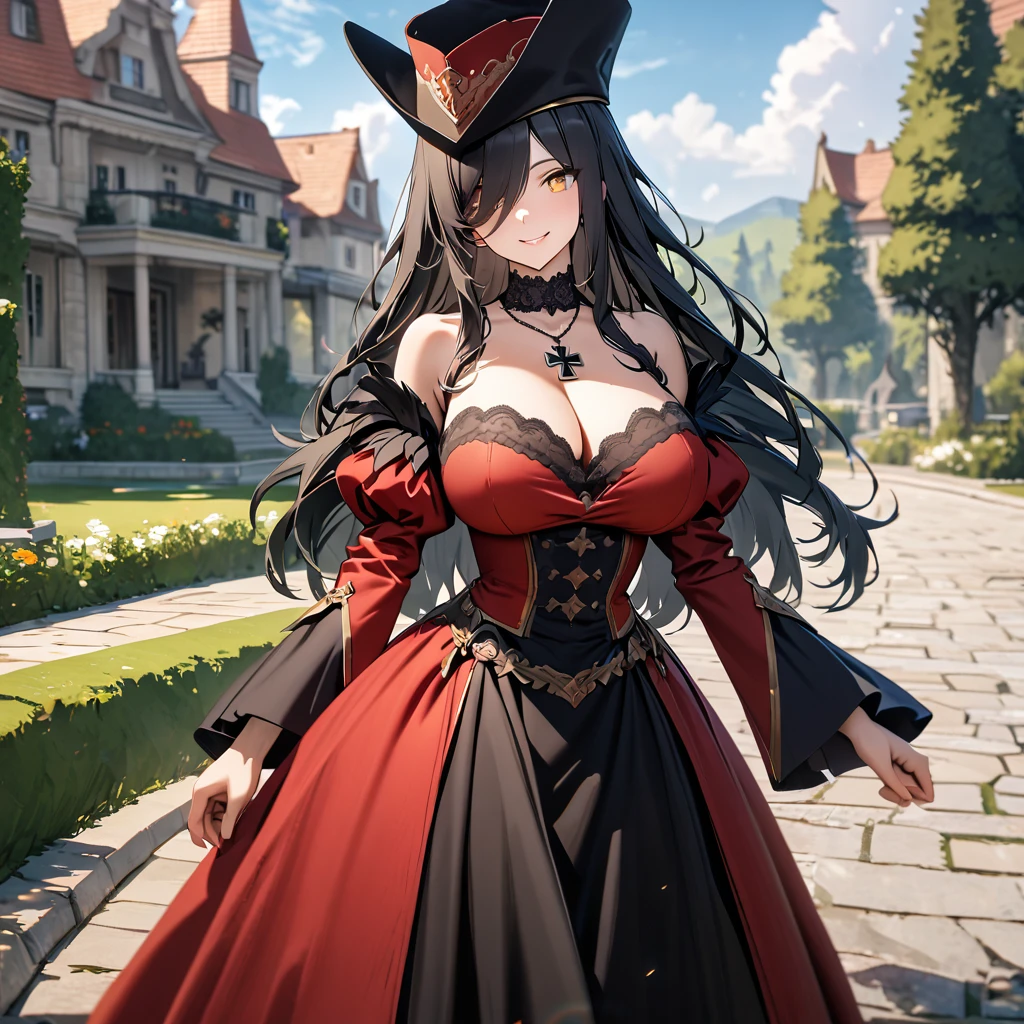 A woman wearing a European madame dress from the middle ages, long-sleeved red dress, black details on the clothes, iron cross necklace on her neck, wearing a long madame hat, hat with black feather, long black hair, bangs on the eyes, yellow eyes, smiling, big breasts, outside a mansion, standing on a concrete sidewalk, wide view of lawn with some trees, blue sky with some clouds, smiling, European aesthetic from the 1700s,(solo woman) ,UHD , prime work , accurate , anatomically correct , textured skin , super details , high quality , best quality, 8k, high resolution, bokeh effect.
