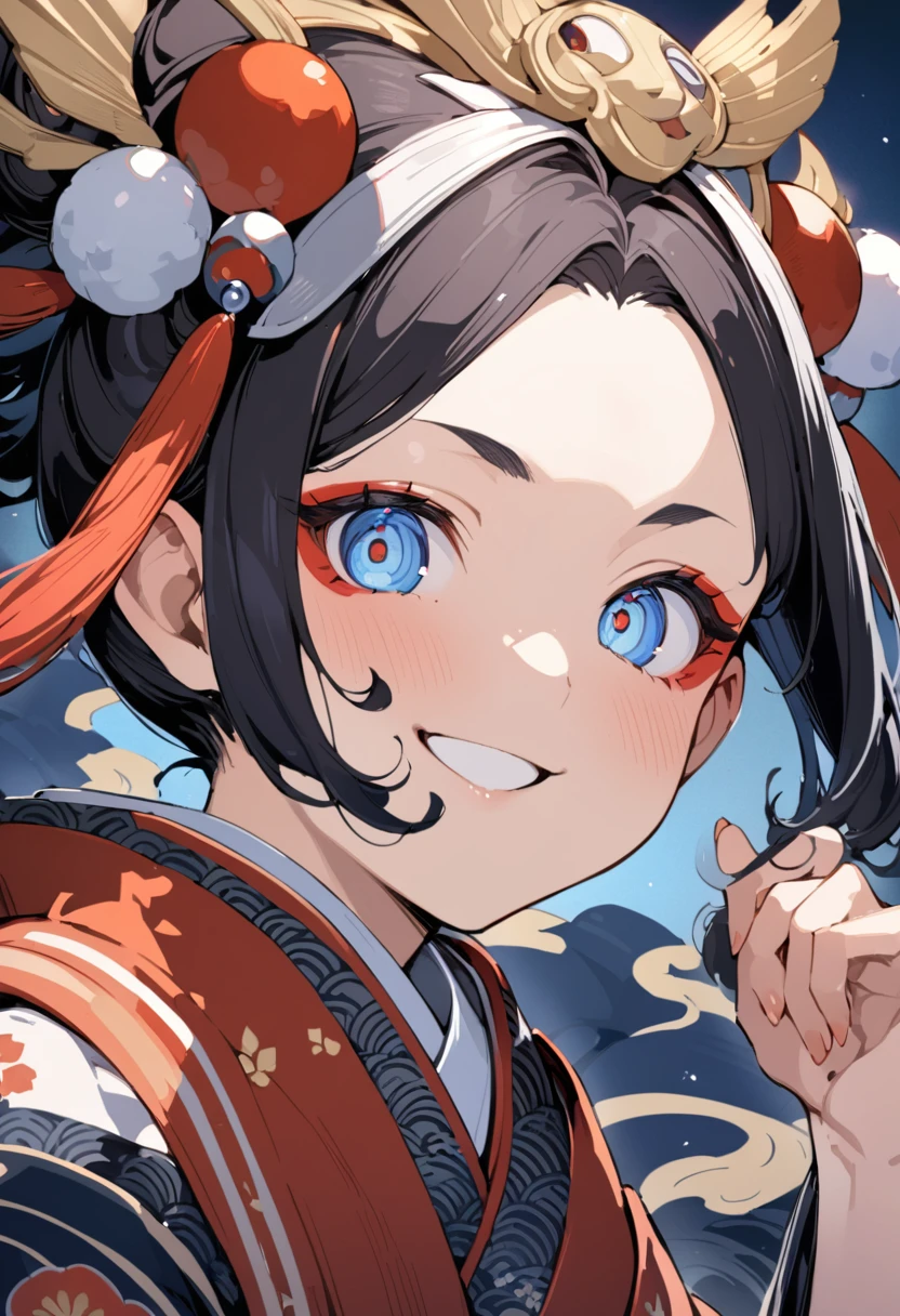 ( best quality:1.2), 1 Girl only,((ukiyoe)),big smiling, Exquisite makeup, Exquisite eyes, Eye detail,forehead