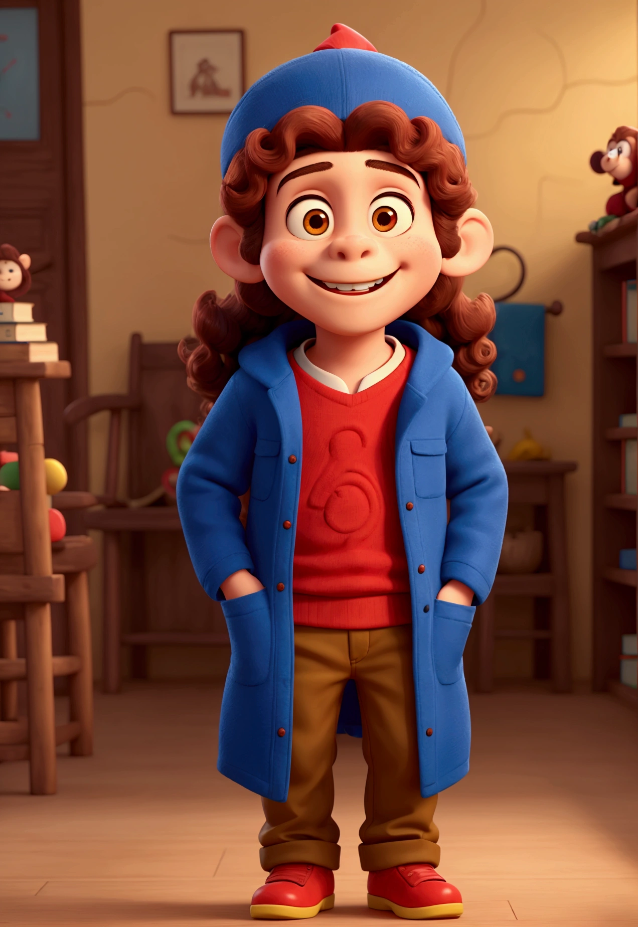 boy, wide smile, long curly hair, red cap covering the eyes. Blue coat and yellow pants. Book in hands. monkey on the shoulder