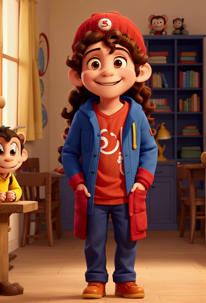  boy, wide smile, long curly hair, red cap covering the eyes. Blue coat and yellow pants. Book in hands. monkey on the shoulder