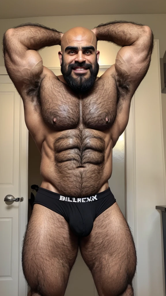 Extremely muscular, very hairy, rugged Arab daddy flexing his arms ((Sweaty)) ((Hairy)) ((Thick, full, curly black body hair all over)) ((Thick, excessive chest hair)) ((Curly, full chest and torso hair)) ((Thick, full happy trail of hair all over his abs)) ((Late 40s)) ((Extremely handsome)) ((Square jaw)) ((Sweating)) ((Smiling menacingly)) ((wearing black underwear)) ((black briefs)) ((Excessive pubic hair)) ((Buzz cut)) ((Homoerotic)) ((Extremely realistic)) ((Seductive glare)) ((Unibrow)) ((unibrow)) ((caveman brow bone)) ((moustache)) ((head to toe)) ((full body)) ((hairier)) ((more hair)) ((ape)) ((more body hair)) ((extreme body hair)) ((fur)) ((dad bod)) ((very tan)) ((tan)) ((middle eastern)) ((Arab)) ((black briefs)) ((underwear)) ((thick, black armpit hair)) ((clothed)) ((flexing arms)) ((flexing biceps)) ((balding ((bald head)) ((older))