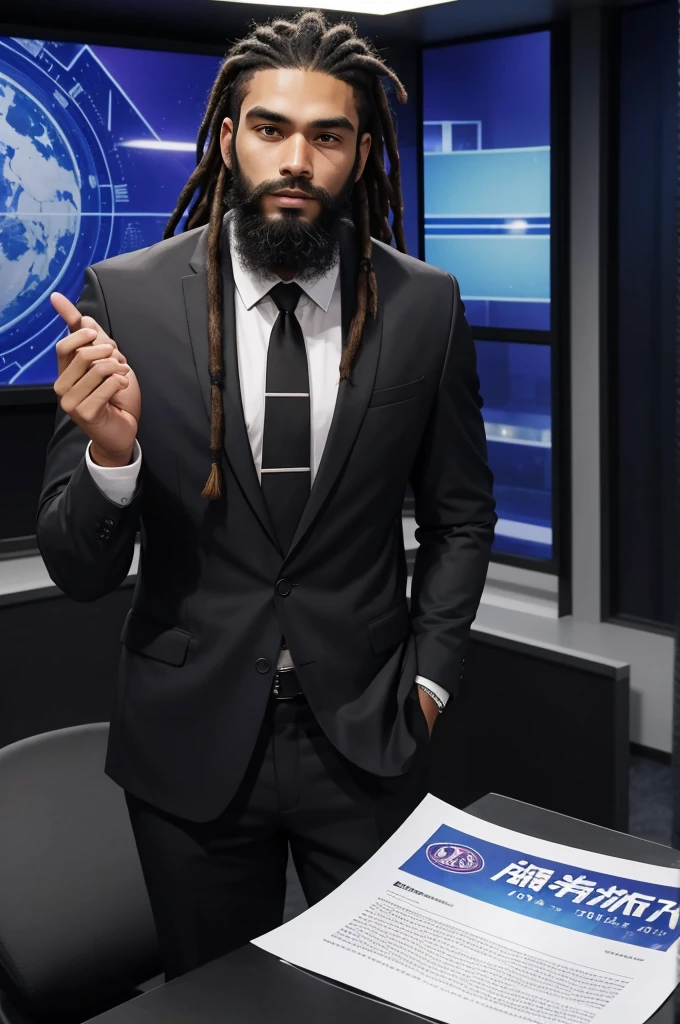 20 year old athletic man from samoa, black dreadlock hair, beard, wearing black suit in news studio