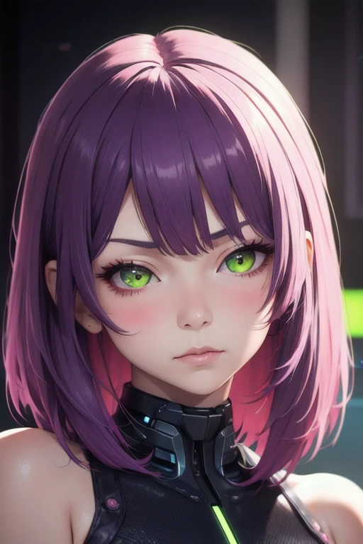 Artwork, best quality, 4k, alone, 20s, 1 girl, cyberpunk, neon, pretty face, 3/4 side of face, pretty woman, realistic anime, shoulder-length short slightly wavy hair, parted bangs middle, purple hair, pink hair tips, long eyelashes, lime green eyes, serious half-closed eyes, blush on the cheeks, 3/4 position of the face, serious, wearing light green blouse, photo pose with face half to the side