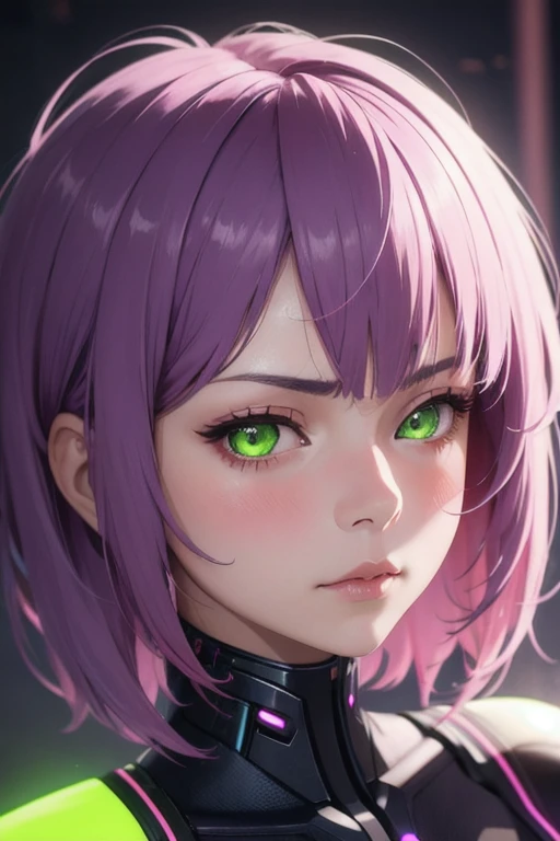 Artwork, best quality, 4k, alone, 20s, 1 girl, cyberpunk, neon, pretty face, 3/4 side of face, pretty woman, realistic anime, shoulder-length short slightly wavy hair, parted bangs middle, purple hair, pink hair tips, long eyelashes, lime green eyes, serious half-closed eyes, blush on the cheeks, 3/4 position of the face, serious, wearing light green blouse, photo pose with face half to the side