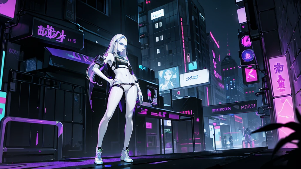 cyberpunk aesthetic, light eyes, cybernetic hombre (pale skin:1.9), detailed face, good texture, strong shadows, bright, little , Skinny, Transparent clothing, idiot, seeking out, energetic pose, dynamic poses, athletic, 8k, fangs, detailed, tattooed, direct dark light, street background, balcony, light neon, of colors, evening, wet clothes, mechanical arm, wet, fiber muscles, large eyes, great quality, jewelry, purple filter, wet underwear, direct neon, light, focus face, rosa, Hair, Cyberpunk 2077, Edgerunners, Rewarded accommodation, gothic legs, lasers.
