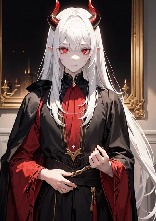 a boy with white skin, gold eyes, a scar on the neck, long black hair, Red horn, red and black medieval class clothes, gold eyes