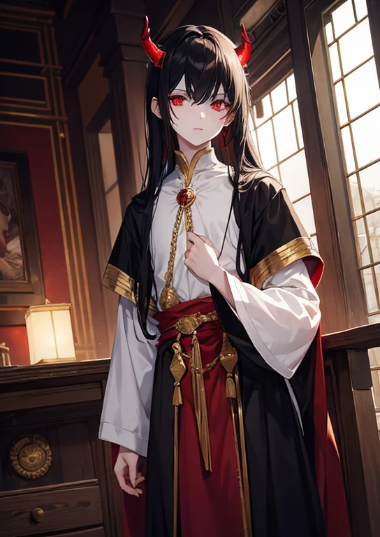 a boy with white skin, gold eyes, a scar on the neck, long black hair, Red horn, red and black medieval class clothes, gold eyes