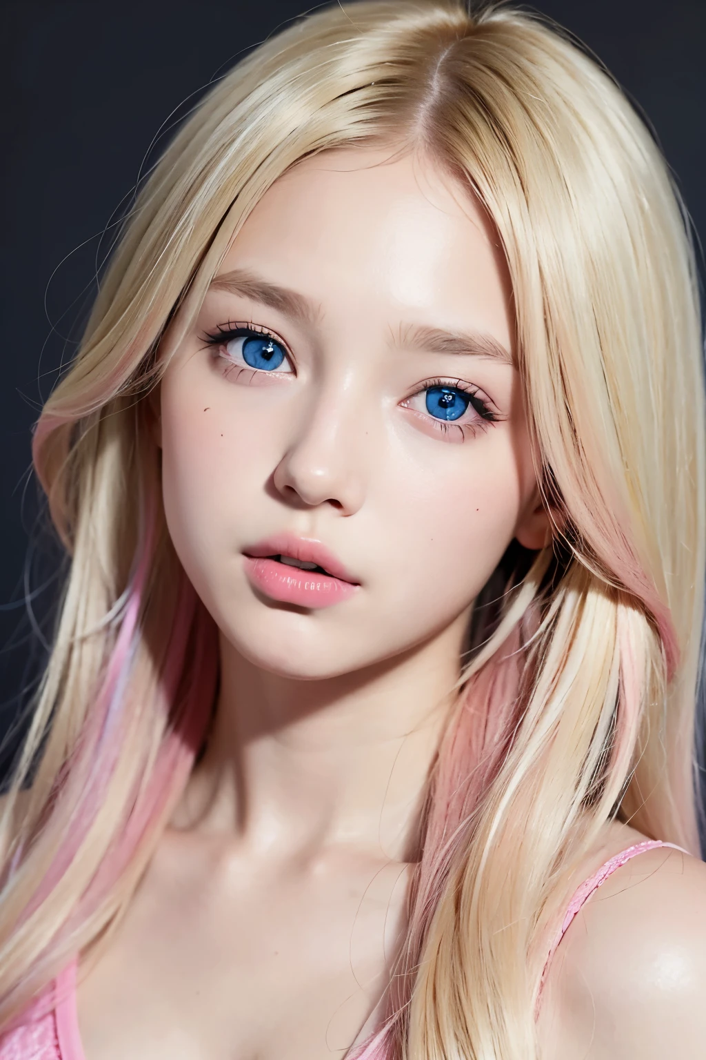 An 11 year old girl, blonde hair and blue eyes, pink mouth, slightly pink cheeks and nose