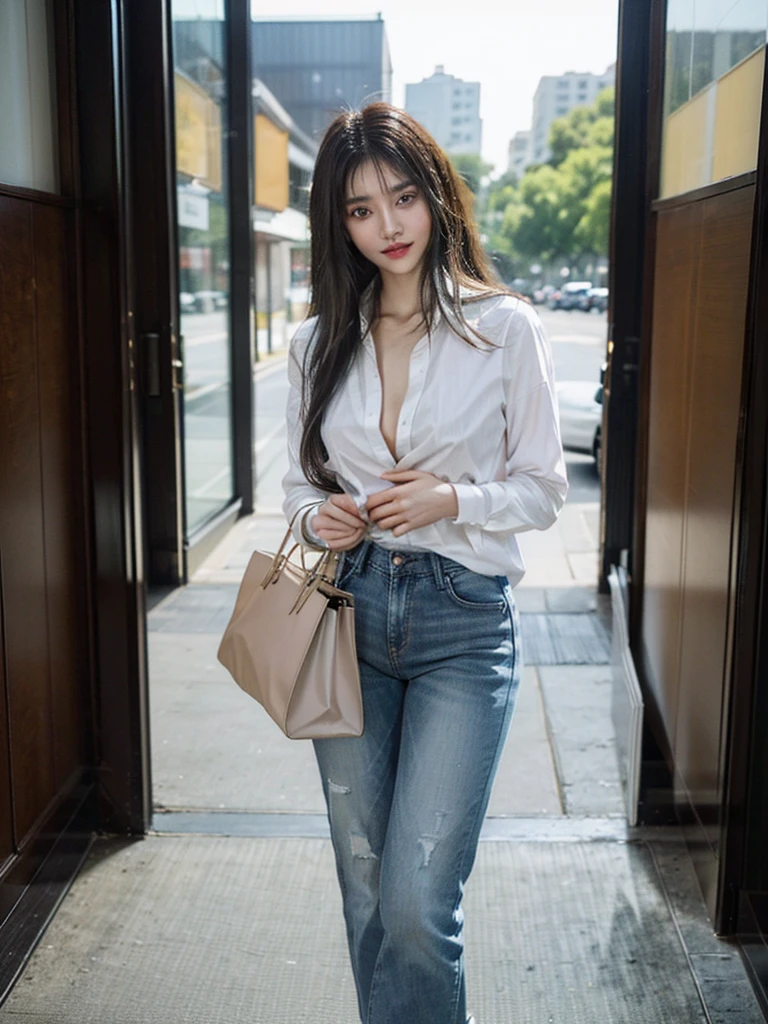 (((Full body image of a woman))), Instagram Model . Full body portrait of a fashion model, Glamour, Long black wavy hair, (((Bright Blue Eyes))), Mischievous Smile, Very detailed顔, Very fine grain. Large chest. ((Low rise jeans that fit snugly against the skin)),((White cotton shirt, unbuttoned to show chestの谷間)), Mid height heels, ((Handbags)). shopping, chest, chestの谷間, 8K, high quality, masterpiece, 最high quality, High resolution, Very detailed, Volumetric lighting, Realistic