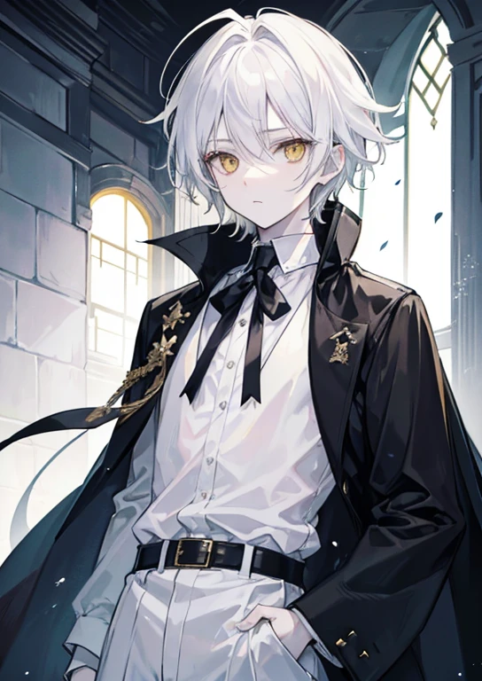 A boy with pale skin, slightly disheveled white hair, yellow eyes, a white shirt and a black cape