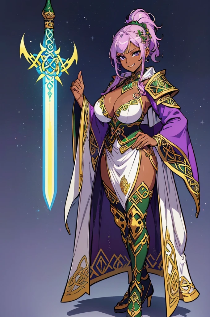 (masterpiece, best quality, high resolution, (huge breasts) 1 beautiful woman, lilac hair tied in a ponytail, full body fantasy Celtic knight costume, fantasy Celtic knight accessories ,Celtic sword in hands,smile,(dark skin)) ( white background ,Stickers.Redmond ), ((full body standing)),
