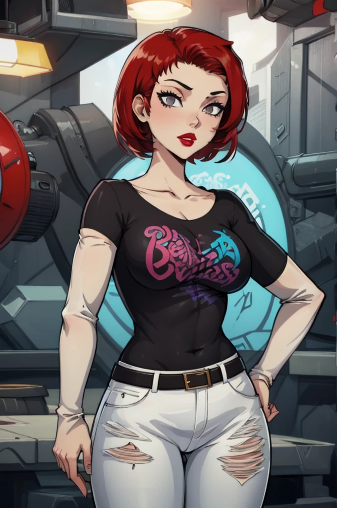 Zoey_Total_Drama, red hair, 1girl, solo, standing, black t-shirt, white shirt, blue jeans, belt, lipstick, large breasts