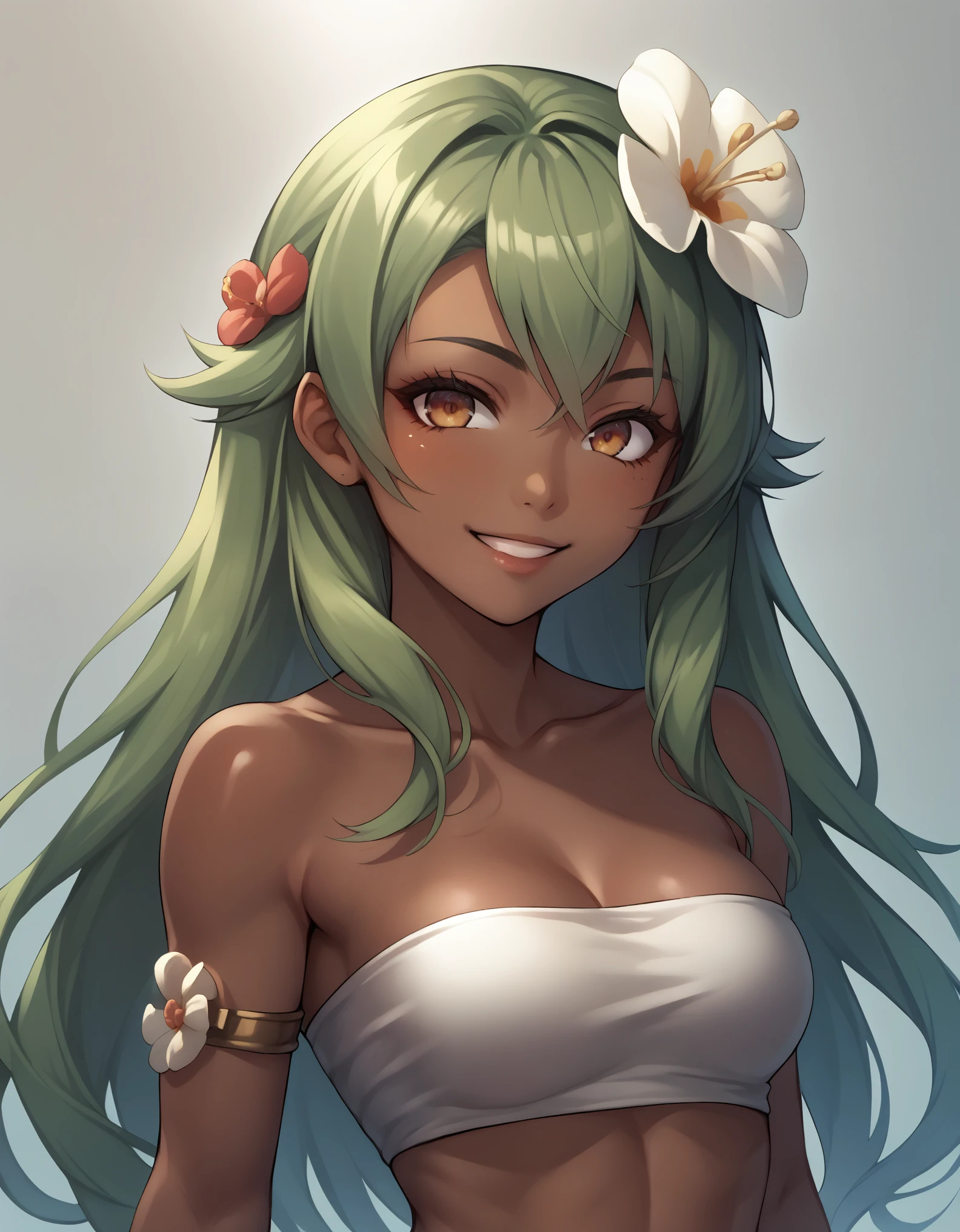 score_9, score_8_up, score_7_up, score_6_up, BREAK, source_cartoon, source_anime, 1girl, SadidaDG, amalia sheran sharm,, green hair, long hair, hair flower, dark skin, bare shoulders, tube top, upper body, smile, looking at viewer, solo, simple background