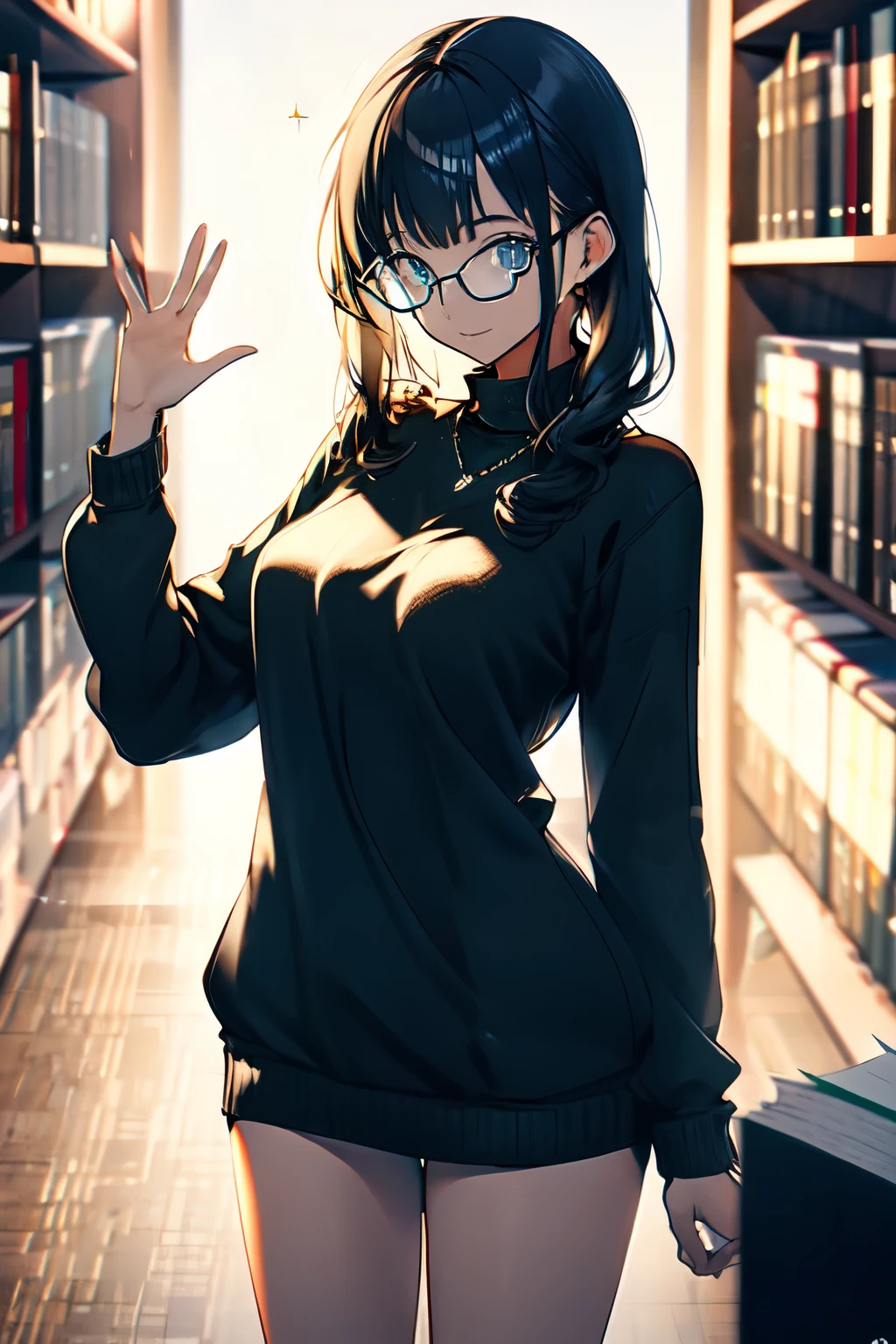 (masterpiece),(Highest quality), Glasses, Something sweet, POV Hand, Grab your chest, (Embarrassing),sweater, In the library,