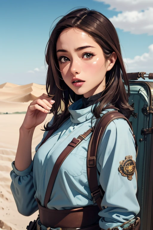 (Highest quality), (High detail), (Vibrant colors), (One girl),desert, desertを旅する可愛い女の子, High resolution, 4K, Head to waist,Steampunk attire,